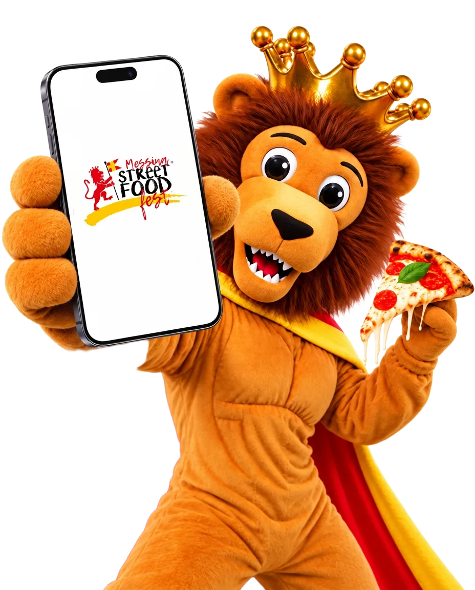 Bracioleone con corona mostra l'app del Messina Street Food Fest su uno smartphone